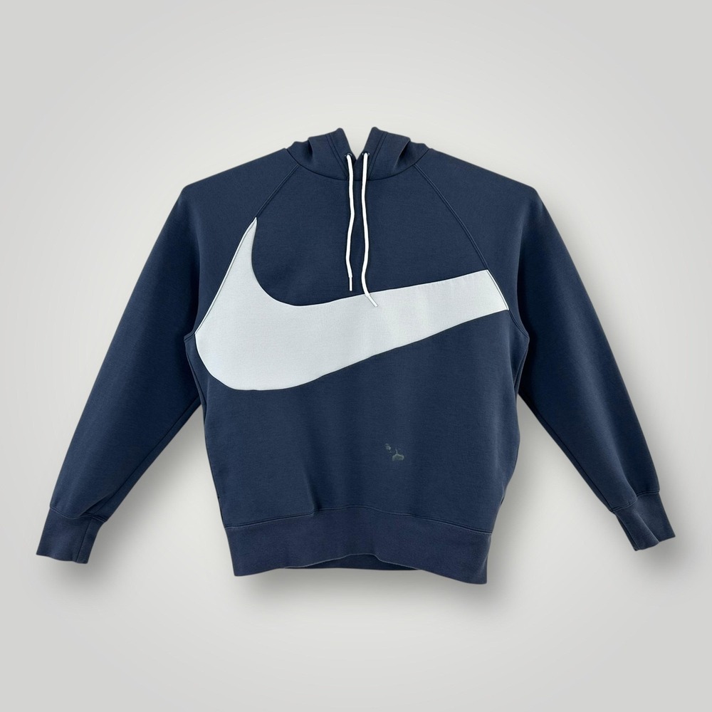 Nike‎ Big Swoosh Hoodie Mens Medium Navy Blue Pullover Sweatshirt Raglan Sleeves
